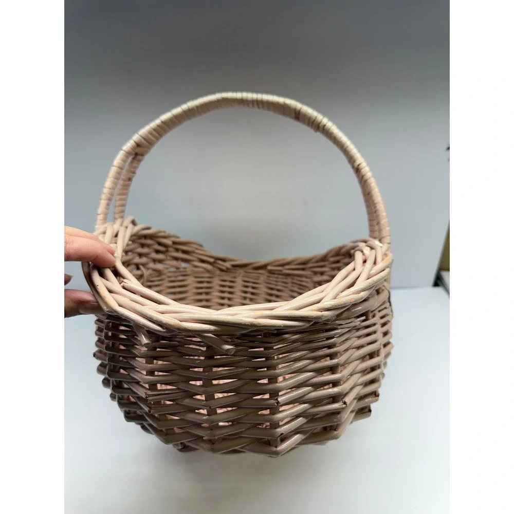 Vintage Pink Wicker Basket Oval Woven Easter Gift Basket with Handle 16 Inch